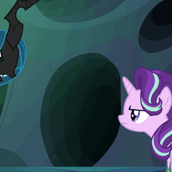 Size: 517x518 | Tagged: safe, screencap, queen chrysalis, starlight glimmer, changeling, changeling queen, g4, to where and back again, angry, animated, blinking, female, floating, gif, solo focus
