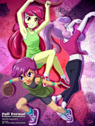 Size: 900x1200 | Tagged: safe, artist:uotapo, apple bloom, scootaloo, sweetie belle, human, equestria girls, g4, adventure in the comments, armpits, ball, basketball, basketball net, clothes, cute, cutie mark crusaders, dress, fall formal, fall formal princess competition, female, frown, glare, gritted teeth, hanging, midriff, open mouth, orange skin, pants, shoes, short shirt, shorts, sneakers, sports, sports bra, sweatband, tomboy