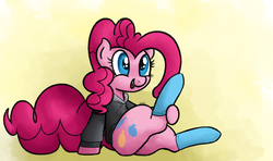 Size: 1792x1061 | Tagged: safe, artist:mang, pinkie pie, earth pony, pony, g4, clothes, female, hoodie, open mouth, smiling, socks, solo