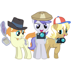 Size: 1280x1024 | Tagged: safe, artist:alexa0118, long shot, press pass, press release (g4), snappy scoop, earth pony, pony, unicorn, g4, background pony, camera, female, hat, magic, mare, notepad, paparazzi, quill, simple background, telekinesis, transparent background, trio, vector