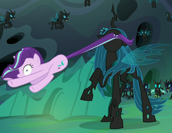 Size: 1276x992 | Tagged: safe, screencap, queen chrysalis, starlight glimmer, thorax, changeling, changeling queen, pony, unicorn, g4, to where and back again, armor, changeling armor, changeling guard, changeling officer, cropped, female, mare, mouth hold, tail, tail pull, wide eyes