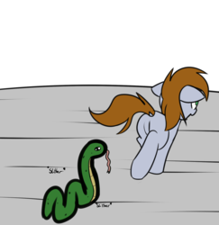 Size: 1467x1511 | Tagged: safe, artist:neuro, oc, oc only, oc:littlepip, pony, snake, unicorn, fallout equestria, :p, adorable distress, butt, clothes, cute, danger noodle, dock, fanfic, fanfic art, female, filly, filly littlepip, floppy ears, hooves, nose wrinkle, open mouth, plot, running, screaming, text, tongue out