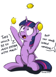 Size: 780x1080 | Tagged: safe, artist:tehflah, twilight sparkle, alicorn, pony, context is for the weak, dialogue, female, food, juggling, lemon, looking up, offscreen character, open mouth, simple background, sitting, solo, transparent background, twilight sparkle (alicorn)