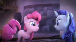 Size: 1920x1080 | Tagged: safe, artist:ferexes, pinkie pie, rarity, g4, 3d, barrel, smiling
