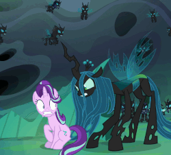 Size: 572x518 | Tagged: safe, screencap, queen chrysalis, starlight glimmer, thorax, changeling, changeling queen, pony, unicorn, g4, to where and back again, animated, armor, changeling armor, changeling guard, female, gif, mouth hold, scared, tail, tail pull