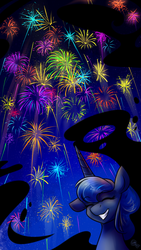 Size: 750x1334 | Tagged: safe, artist:cosmalumi, princess luna, pony, g4, cute, eyes closed, fireworks, grin, happy new year, happy new year 2017, long mane, lunabetes, missing accessory, night, smiling, solo