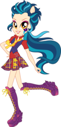 Size: 7045x14639 | Tagged: safe, artist:sugar-loop, indigo zap, equestria girls, g4, my little pony equestria girls: friendship games, absurd resolution, alternate hairstyle, boots, clothes, crystal prep shadowbolts, eyeshadow, female, hand on hip, long hair, looking at you, makeup, necktie, ponied up, school spirit, simple background, skirt, smiling, solo, transparent background, vector, vest