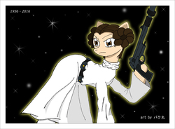 Size: 3117x2288 | Tagged: safe, artist:bakumaru01, pony, blaster, carrie fisher, clothes, dress, frown, glare, glowing, gun, high res, hoof hold, ponified, princess leia, solo, star wars, stars, tribute, weapon