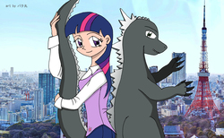 Size: 4500x2772 | Tagged: safe, artist:bakumaru01, twilight sparkle, human, kaiju, g4, crossover, godzilla, godzilla (series), high res, humanized, macro, tokyo