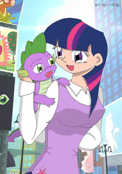 Size: 2202x3150 | Tagged: safe, artist:bakumaru01, spike, twilight sparkle, dragon, human, pony, g4, clothes, cute, high res, humanized, manehattan, open mouth, screencap background, spikelove