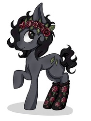 Size: 400x531 | Tagged: safe, artist:zenikinder, oc, oc only, oc:dark rose, earth pony, pony, clothes, female, floral head wreath, flower, mare, raised hoof, simple background, socks, solo, white background