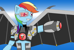 Size: 3282x2220 | Tagged: safe, artist:bakumaru01, rainbow dash, anthro, g4, armor, cannon, female, futuristic, high res, solo