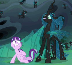 Size: 572x518 | Tagged: safe, screencap, queen chrysalis, starlight glimmer, thorax, changeling, changeling queen, pony, unicorn, g4, to where and back again, armor, changeling armor, changeling guard, cropped, ears back, faic, female, gif, gritted teeth, mare, non-animated gif, scared