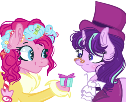 Size: 700x571 | Tagged: safe, artist:waterz-colrxz, pinkie pie, snowfall frost, spirit of hearth's warming presents, starlight glimmer, a hearth's warming tail, g4, clothes, hat, present, simple background, top hat, transparent background