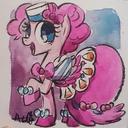 Size: 1080x1080 | Tagged: safe, artist:agnesgarbowska, pinkie pie, earth pony, pony, g4, clothes, dress, female, gala dress, looking at you, solo, traditional art, watercolor painting