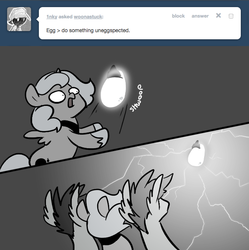 Size: 666x668 | Tagged: safe, artist:egophiliac, princess luna, oc, oc:frolicsome meadowlark, oc:sunshine smiles (egophiliac), bat pony, pony, moonstuck, g4, crown, egg, filly, grayscale, jewelry, lightning, monochrome, pun, regalia, woona, woonoggles, younger