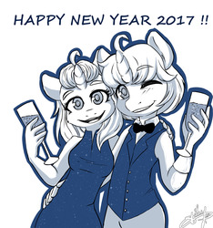 Size: 1280x1368 | Tagged: safe, artist:athyess, oc, oc only, oc:lapiz, oc:sapphire, anthro, alcohol, bowtie, champagne, clothes, dress, duo, happy new year, one eye closed, smiling, suit, vest, wine, wink