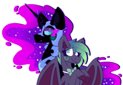 Size: 1024x707 | Tagged: safe, artist:vegas-liights, nightmare moon, oc, bat pony, pony, g4, blushing, bowtie, canon x oc, male, shipping, simple background, stallion, straight, transparent background