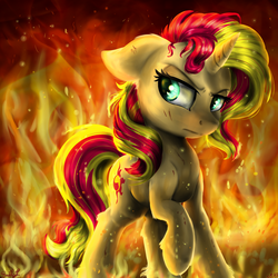 Size: 3024x3024 | Tagged: safe, artist:gaelledragons, sunset shimmer, pony, unicorn, g4, badass, blood, cut, epic, female, fiery shimmer, fire, high res, raised hoof, solo