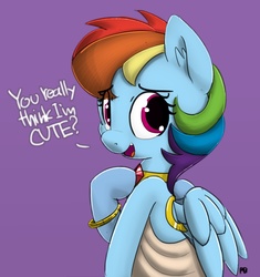 Size: 1280x1360 | Tagged: safe, artist:pabbley, color edit, edit, rainbow dash, pegasus, pony, g4, alternate hairstyle, bracelet, bronybait, clothes, colored, cute, dashabetes, dialogue, dress, ear fluff, female, girly, jewelry, looking at you, mare, open mouth, purple background, rainbow dash always dresses in style, simple background, solo, talking to viewer