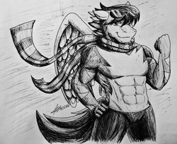 Size: 1433x1168 | Tagged: safe, artist:gabugabygab, oc, oc only, oc:lightning rider, pegasus, anthro, abs, anthro oc, clothes, commission, male, monochrome, muscles, scarf, solo, stallion, suit, traditional art