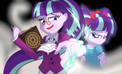 Size: 3100x1900 | Tagged: safe, artist:geraritydevillefort, snowfall frost, starlight glimmer, a hearth's warming tail, equestria girls, g4, book, clothes, equestria girls-ified, magic, pigtails, younger