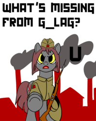 Size: 671x849 | Tagged: safe, artist:iron curtain, oc, oc only, oc:veronika, earth pony, pony, clothes, communism, factory, female, frown, glare, gulag, gun, hat, looking at you, mare, open mouth, pointing, pun, reaction image, rifle, simple background, solo, text, underhoof, uniform, veronika is not amused, weapon, white background