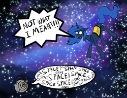 Size: 1650x1275 | Tagged: safe, artist:kprovido, princess luna, alicorn, pony, g4, angry, crossover, female, floating, mare, portal (valve), s1 luna, space, space core, stars