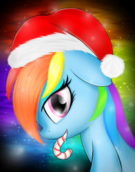 Size: 550x700 | Tagged: safe, rainbow dash, pony, g4, candy, candy cane, female, food, hat, mouth hold, santa hat, solo