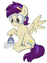 Size: 1200x1588 | Tagged: safe, artist:thebowtieone, oc, oc only, oc:electron, pegasus, pony, bottle, cloud, cork, female, goggles, mare, paper, simple background, sitting, solo, transparent background