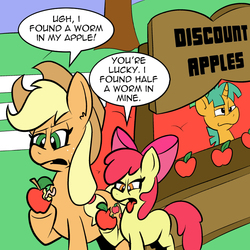 Size: 800x800 | Tagged: safe, artist:pembroke, apple bloom, applejack, snails, earth pony, pony, unicorn, worm, ask pun, g4, apple, apple sisters, ask, colt, disgusted, female, filly, foal, food, male, mare, siblings, sisters, speech bubble, tongue out