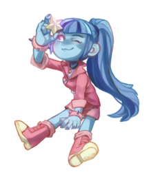 Size: 1009x1168 | Tagged: safe, artist:maesawa, artist:sawa6114, sonata dusk, equestria girls, g4, boots, clothes, cute, female, one eye closed, ponytail, simple background, sitting, skirt, solo, transparent background