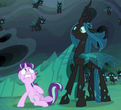 Size: 572x518 | Tagged: safe, screencap, queen chrysalis, starlight glimmer, thorax, changeling, changeling queen, pony, unicorn, g4, to where and back again, armor, changeling armor, changeling guard, changeling officer, cropped, faic, female, gif, mare, non-animated gif, scared