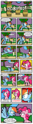 Size: 1040x3832 | Tagged: safe, artist:kingtoby19, pinkie pie, rainbow dash, comic:occupied!, g4, comic, desperation, need to pee, omorashi, potty dance, potty emergency, potty time, this will end in tears, thud, trotting in place