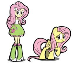 Size: 1024x885 | Tagged: safe, artist:kingtoby19, fluttershy, human, pegasus, pony, equestria girls, g4, clothes, human ponidox, pigeon toed, raised hoof, self ponidox, simple background, skirt, tank top, transparent background