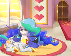 Size: 1024x812 | Tagged: safe, artist:z0rgy, princess celestia, princess luna, g4, cloud, cute, cutelestia, female, looking at each other, lunabetes, prone, royal sisters, rug, sibling love, siblings, sisterly love, sisters, smiling, snuggling, window