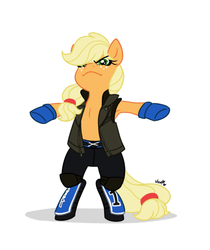 Size: 584x694 | Tagged: safe, artist:nemovonsilver, applejack, earth pony, pony, g4, aj styles, armpits, badass, bipedal, clothes, female, hoof glove, jacket, pants, pun, simple background, smugjack, solo, white background, wrestler, wwe