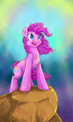 Size: 1536x2560 | Tagged: safe, artist:spacesheep-art, pinkie pie, earth pony, pony, g4, cliff, female, looking up, smiling, solo, windswept mane