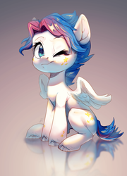 Size: 736x1024 | Tagged: safe, artist:locksto, oc, oc only, pegasus, pony, looking at you, one eye closed, sitting, solo, spread wings, unshorn fetlocks, wink