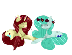 Size: 4568x3524 | Tagged: safe, artist:bladedeehunter, oc, oc only, earth pony, pony, unicorn, absurd resolution, female, floral head wreath, flower, mare, prone, tongue out
