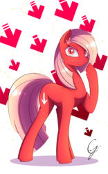 Size: 1200x1920 | Tagged: safe, artist:laptop-pone, oc, oc only, oc:downvote, earth pony, pony, derpibooru, angry, arrow, colored pupils, derpibooru ponified, downvote's downvotes, looking at you, meta, ponified, raised hoof, simple background, solo