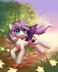 Size: 735x900 | Tagged: safe, artist:imanika, oc, oc only, oc:sweet tooth, bat pony, pony, blue eyes, commission, cute, fangs, female, flower, mare, ocbetes, path, scenery, signature, solo, ych result