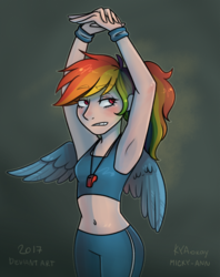 Size: 1354x1709 | Tagged: safe, artist:kyaokay, artist:micky-ann, rainbow dash, human, g4, armpits, belly button, blushing, clothes, collaboration, female, frown, gritted teeth, humanized, midriff, pants, solo, stretching, sweatband, sweatpants, tank top, whistle, winged humanization