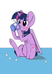 Size: 3307x4677 | Tagged: safe, artist:pinkiemelonpie, twilight sparkle, alicorn, pony, g4, blushing, chocolate, cute, drinking, female, food, high res, hoof hold, hot chocolate, marshmallow, mug, sipping, sitting, solo, steam, twilight sparkle (alicorn), underhoof
