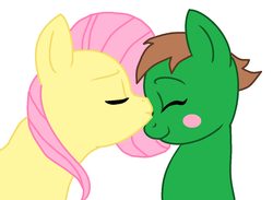 Size: 1224x898 | Tagged: safe, fluttershy, oc, oc:ian, g4, base used, blushing, canon x oc, eyes closed, kissing, ms paint, self insert, shipping, simple background, smiling, stolen art, trace, white background