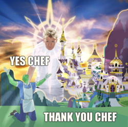 Size: 954x950 | Tagged: safe, artist:saby, derpibooru exclusive, oc, oc:anon, human, adoration, apron, canterlot, castle, clothes, crepuscular rays, digital drawing, gordon ramsay, halo, image macro, kneeling, lunchlady, meme, mixed media, no pony, outdoors, pastiche, reaction image, worship