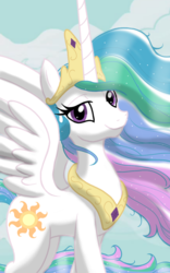 Size: 1200x1920 | Tagged: safe, artist:theroyalprincesses, princess celestia, pony, g4, crown, female, jewelry, lidded eyes, looking at you, regalia, slender, smiling, solo, thin