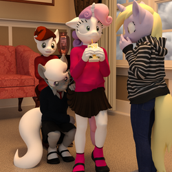 Size: 2000x2000 | Tagged: safe, artist:tahublade7, dinky hooves, pipsqueak, silver spoon, sweetie belle, anthro, plantigrade anthro, g4, 3d, clothes, daz studio, embarrassed, high res, humiliation, juice, juice box, mary janes, pervert, reacting to nudity, skirt, skirt lift, skirt pull, this will end in pain