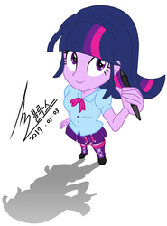 Size: 1631x2204 | Tagged: safe, artist:bluse, twilight sparkle, equestria girls, g4, female, looking at you, looking up, looking up at you, perspective, show accurate, simple background, smiling, solo, tablet pen, white background