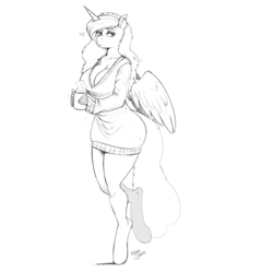 Size: 900x900 | Tagged: safe, artist:kevinsano, princess luna, anthro, unguligrade anthro, g4, bottomless, breasts, busty princess luna, cleavage, clothes, coffee, collarbone, commission, female, grayscale, looking at you, monochrome, morning ponies, mug, partial nudity, shirt, simple background, sketch, sleepy, solo, sweater, tired